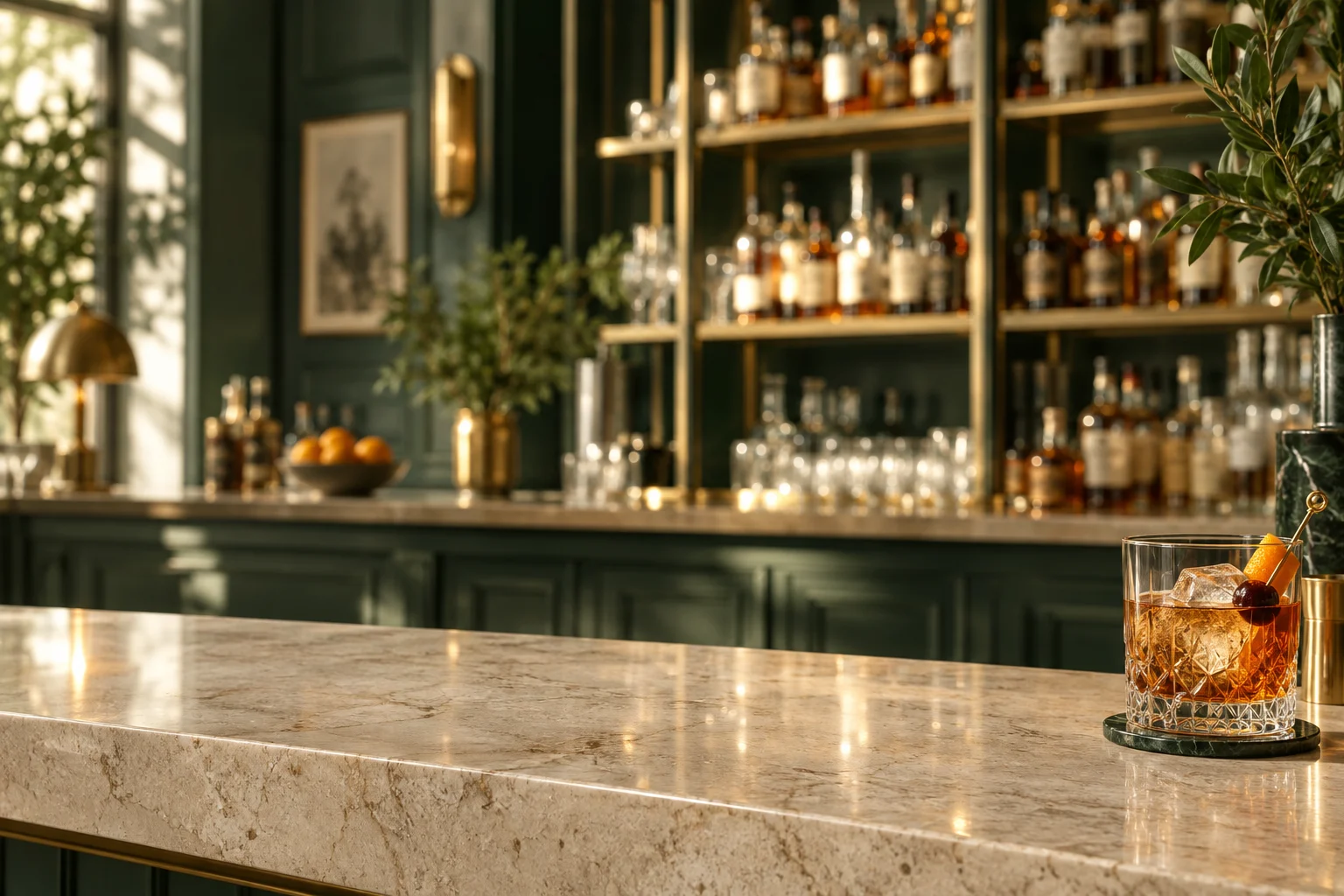 A sunlit bar with a cocktail ready to share