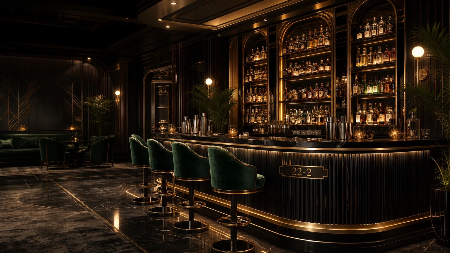 An intimate bar with warm brass and softly lit shelves